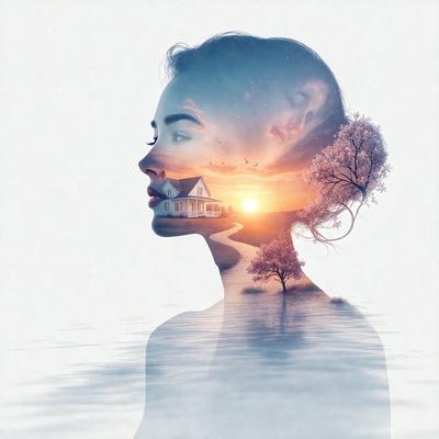 The primary subject of the image is a woman's face, which is the main focus of the image. The setting is a beautiful landscape featuring a house, a tree, and a lake. The visual style is a combination of digital art and illustration, creating a unique and artistic representation of the woman's face. The colors and mood of the image are warm and inviting, with the sunset in the background adding a sense of tranquility and serenity to the scene.